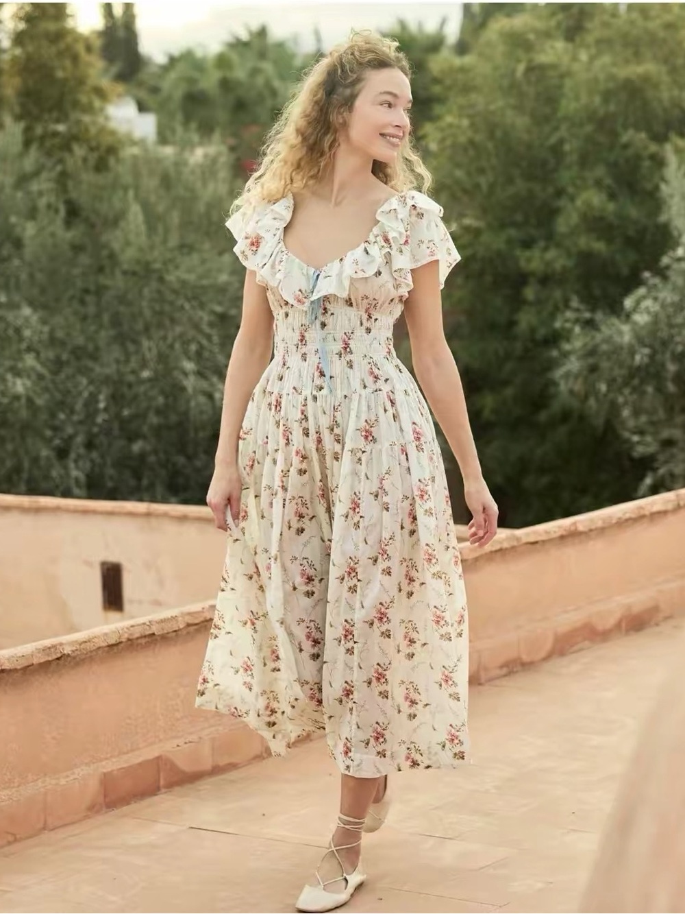 DÔEN Illiana Floral Ruffle-Trim Dress in Blance Prairie Rose